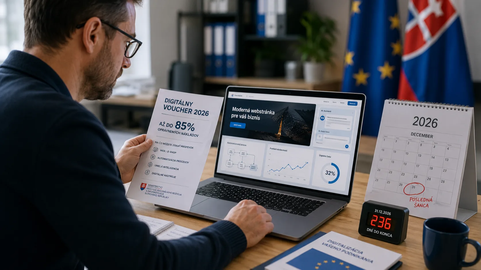 Digitálny voucher 2026: ako dať štátu zaplatiť za váš web a automatizáciu (a prečo je to teraz neisté)